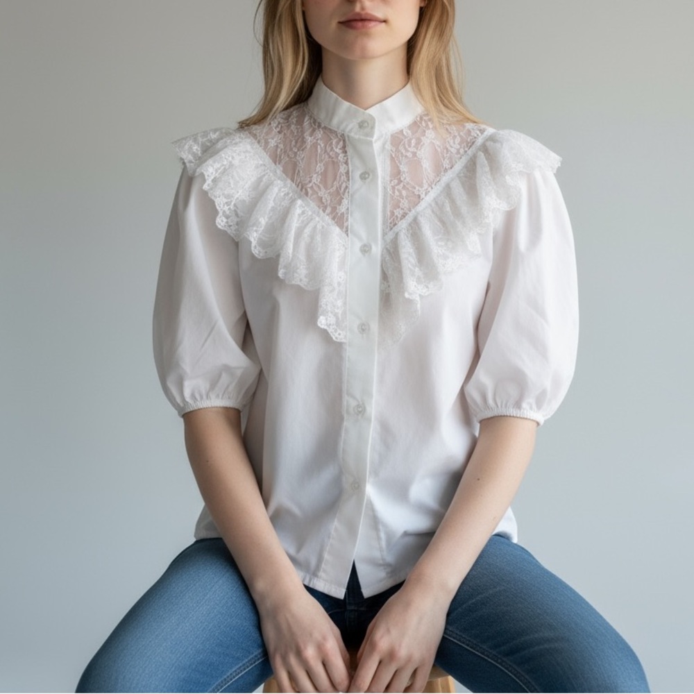 Vintage 80’s Lace Yoke Blouse In White | Size M